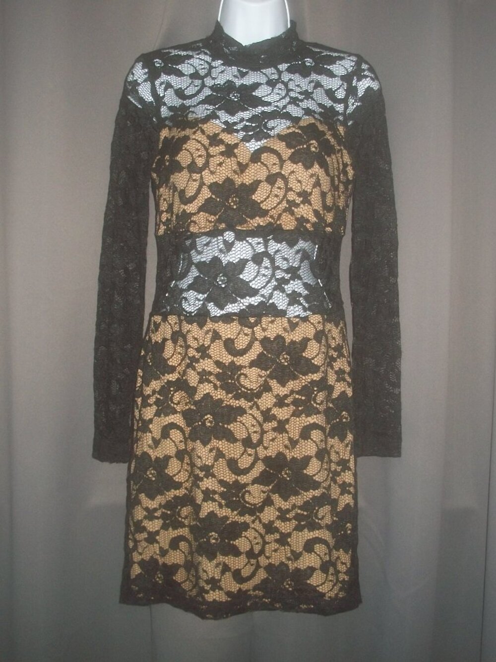 womens black lace overlay dress. sheer waist, sleeves,neck. size large